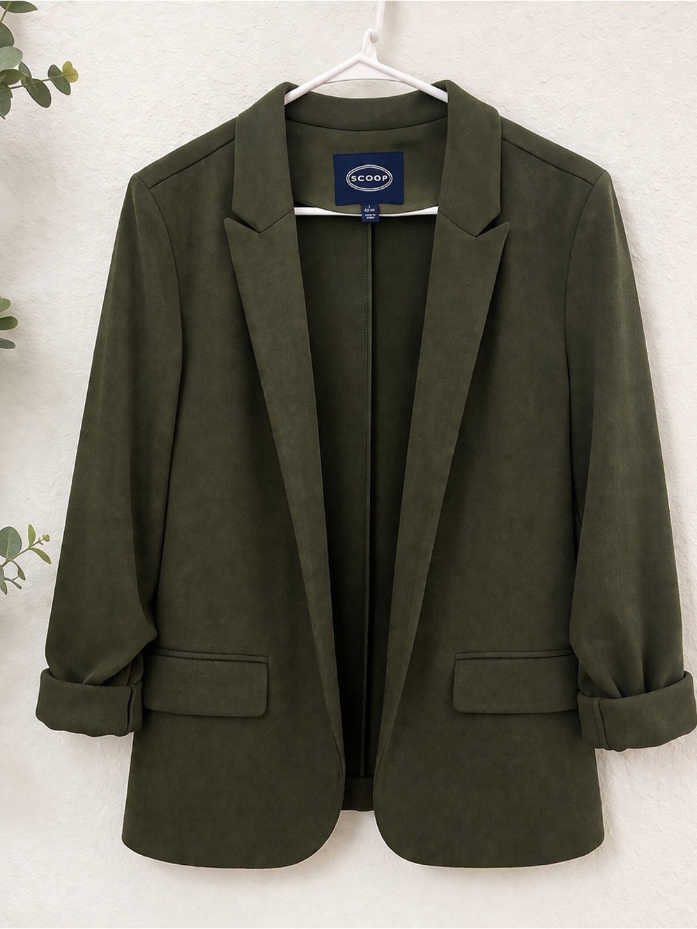 Olive Green Blazer Women Structured Open Front Work Office Casual Jacket Scoop